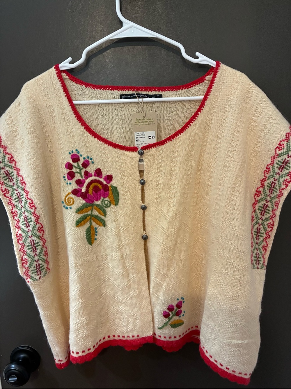 Gudrun Sjoden New W Tags Cream Knit poncho, wool & alpaca Pink/Green Embroidery!